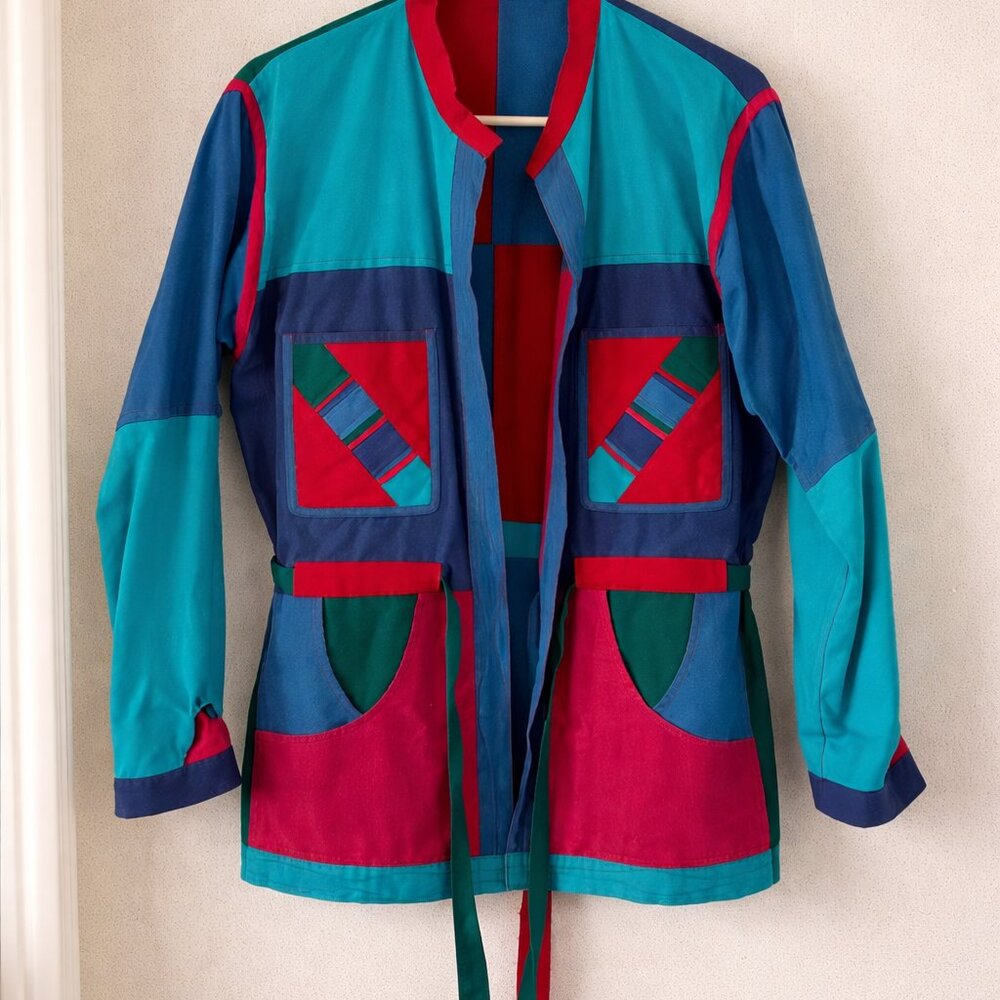 Colorblock Abstract Art Jacket Belted Statement Funky 90s Vintage Style Coat - Picture 2 of 8